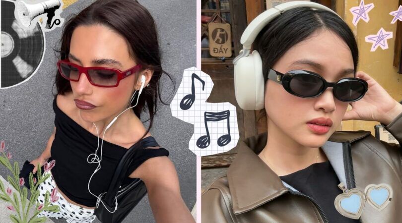 Collage van twee vrouwen die naar podcasts luisteren.