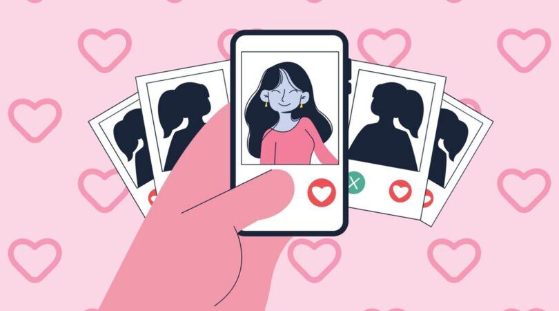 Illustratie van een hand dat swipet op een datingapp.