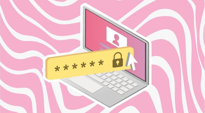 Afbeelding van een laptop, waar een wachtwoord wordt ingevuld. De laptop staat voor een roze achtergrond.