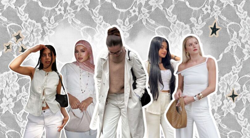 Een aantal meiden poseren met hun outfit in de kleur cloud dancer.