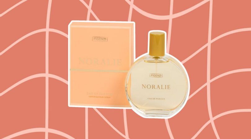 Foto van pafrum van Action, genaamd: Figenzi Noralie. De parfum is geplakt op een grafische achtergrond.