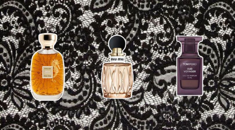 Drie verschillende parfums met een kanten achtergrond.