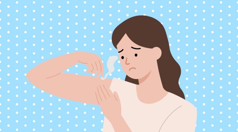 Illustratie van vrouw die last heeft van oksels die naar zweet ruiken.