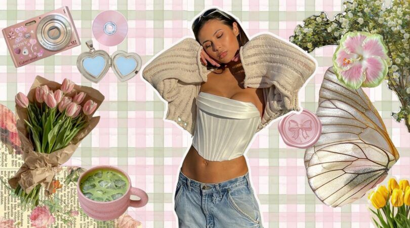 Collage van lente-outfits met een meisje op de voorgrond, gekleed in een stijlvolle voorjaarslook.