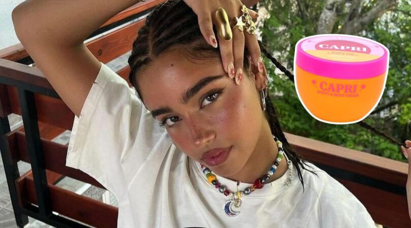 Foto van influencer Yasmin Barbieri. Naast haar is een foto van The Beauty Dept. Booty & Body cr&egrave;me van Action geplakt.