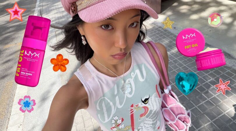 Influencer Maddy Kim is omringd door de NYX Fat Oil Body Collection.