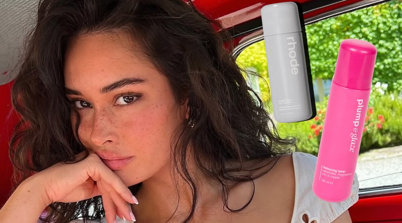 Bailey Clark in auto met Rhode Glazing Milk en Plump and Glaze toner