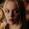 Meisje met laptop staat voor een achtergrond van Cassie en Nate uit Euphoria.
